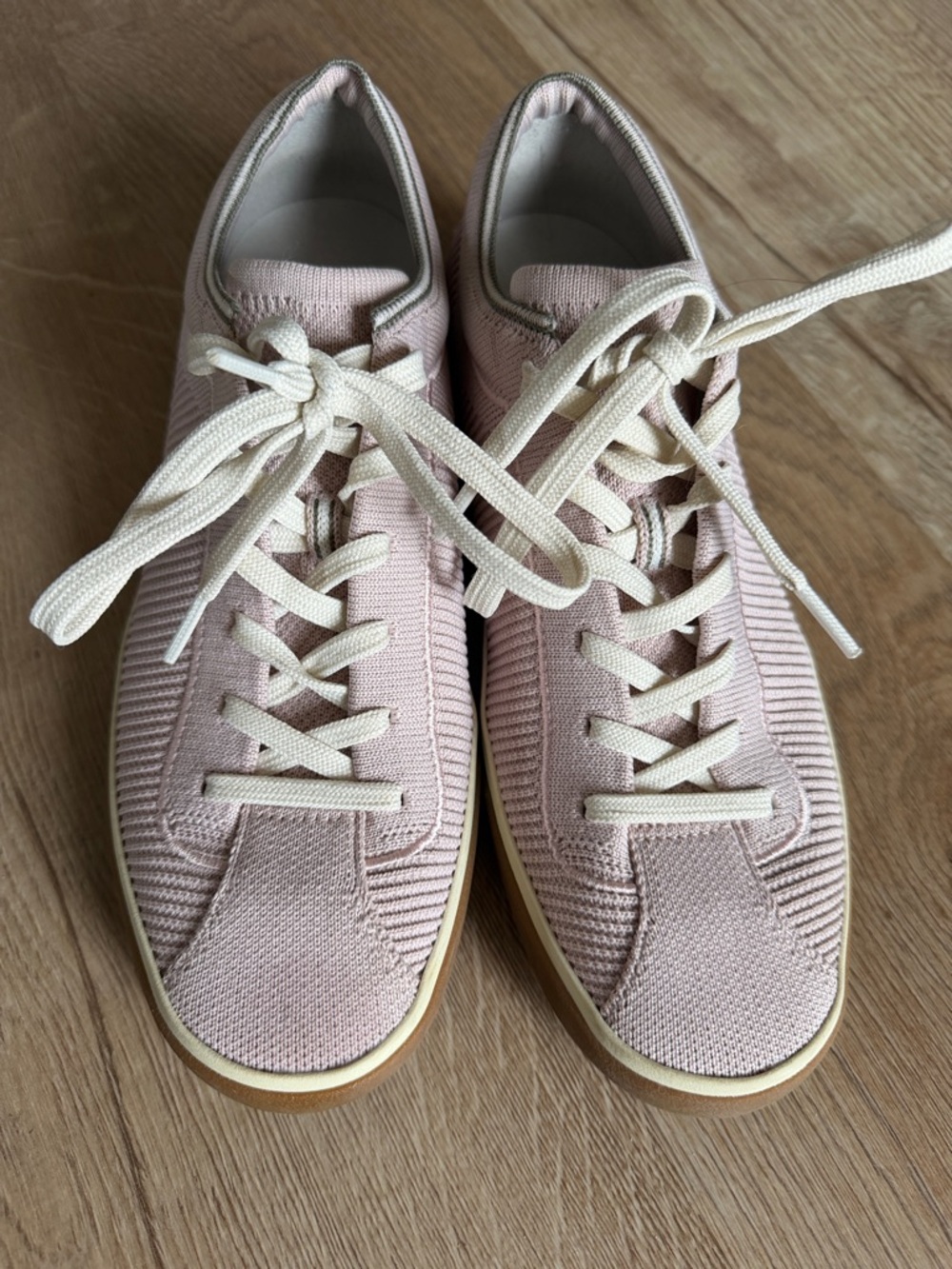 Rothy's Pale Pink Knit Sneakers with Cream Laces and Gum Sole